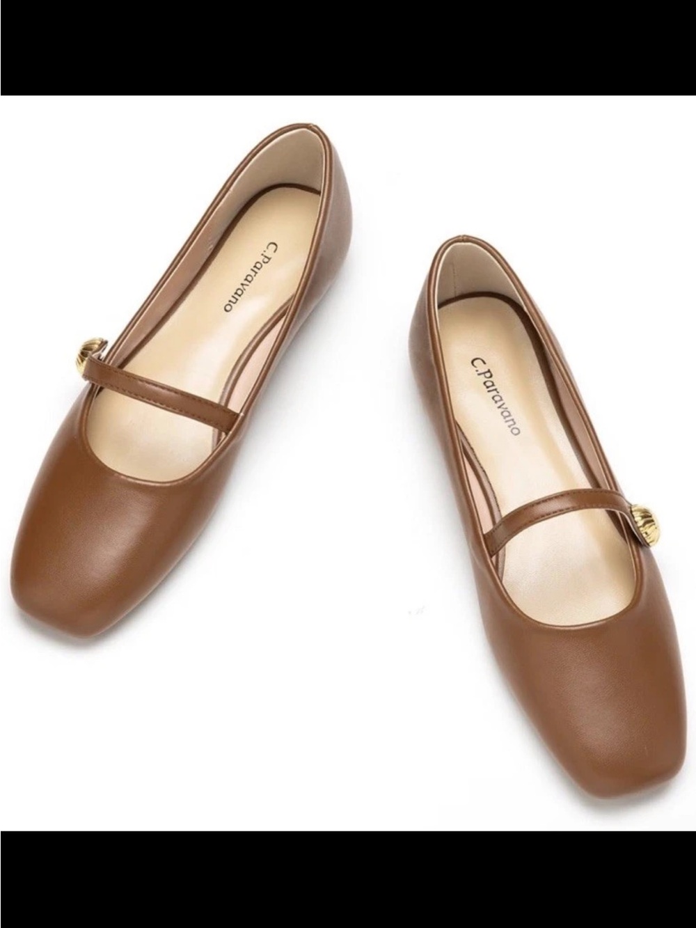 C. Paravano Tan Mary Jane Flats with Gold Buckle